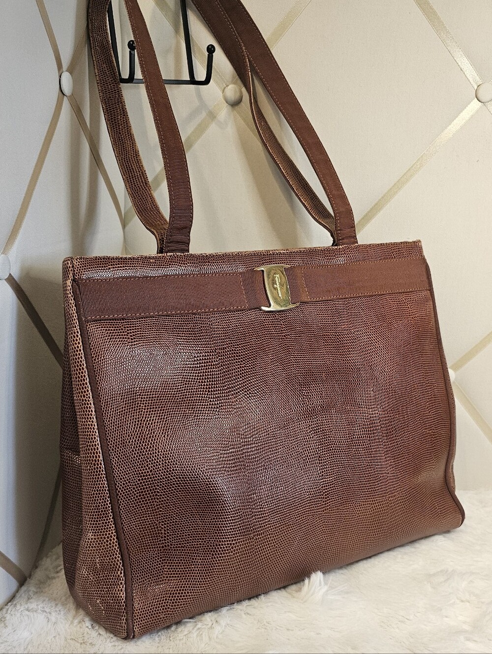Salvatore Ferragamo Vara Bow Lizard-Embossed Leather Tote Bag
